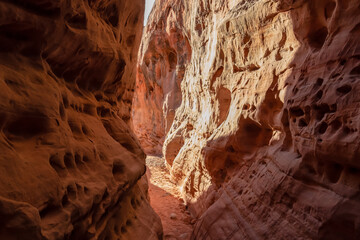 Hike in the narrow Kaolin Wash slot canyon along White Domes Hiking Trail in Valley of Fire State Park in Mojave desert, Nevada, USA. Massive rugged cliffs of striated red and white rock formations