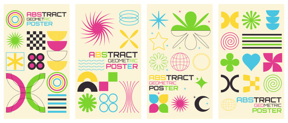 Vector set of brutalism vertical poster. Geometric abstract backgrounds. Brutal trendy y2k placard design template