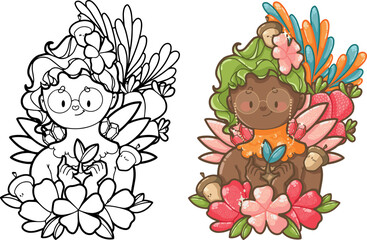 Obraz na płótnie Canvas Forest Dryad black Girl with colorful plants, acorns and rubies - Illustration for kids books, gift card and coloring book - Kawaii style