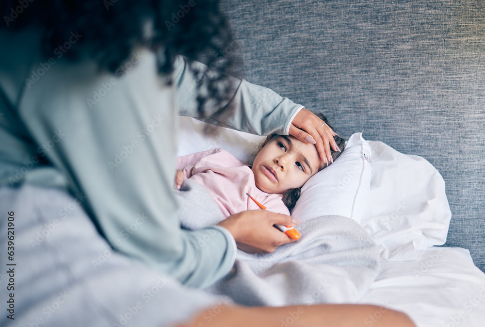 Wall mural Mother, thermometer and sick child in bedroom with illness, virus or infection and caring parent at home. Mom checking kid or little girl with fever, cold or flu in health or medical attention in bed