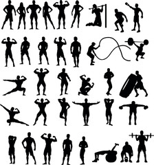 Man and Woman Body Building, Weight Lifting, Exercise, Gym Silhouettes Set 1