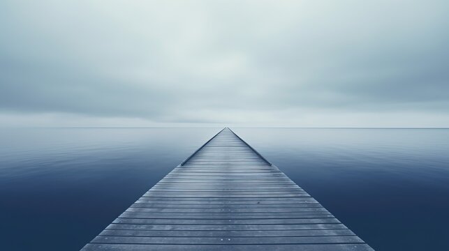  wooden dock way to horizon in foggy morning, minimalism style background with copy space, Generative Ai