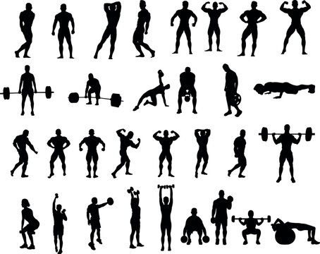 Man and Woman Body Building, Weight Lifting, Exercise, Gym Silhouettes Set 2