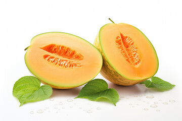 sliced cantaloupe melon path with water droplets isolated on white background (ai generated)