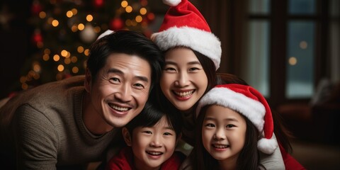 Obraz na płótnie Canvas Happy Asian family wear santa hat for Christmas at home, generative ai