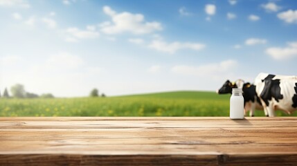 Obraz premium empty table table top with blur background of dairy cow farm, Advertisement, Print media, Illustration, Banner, for website, copy space, for word, template, presentatio