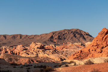 Scenic view of striated red and white Aztek sandstone rock formations in Valley of Fire State Park in Mojave desert, Nevada, USA. Hot temperature in arid landscape on clear summer day. Rainbow vista
