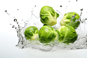 Fresh Brussels sprouts falling in pure water on white background (ai generated)