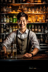Young smiling Korean bartender on the workplace. Shelves with bottles of alcohol in the background