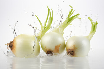 Fresh white whole onion isolated on white. Red whole onion with drops. Full depth of field. (ai generated)