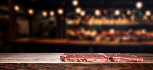 empty table dark top with blur background of beef shop, Advertisement, Print media, Illustration, Banner, for website, copy space, for word, template, presentation.