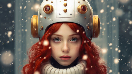 Portrait of a young girl with red hair in an astronaut helmet. New Year's and Christmas. AI...