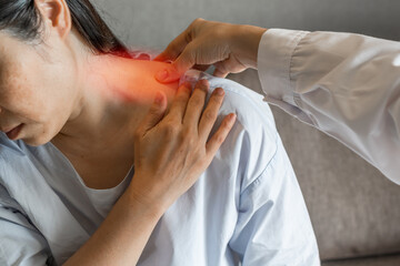Shoulder stiff,  neck pain, and muscle ache from office syndrome in woman patient having ...