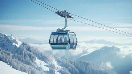 Deurstickers People who like to ski are riding on a special lift that takes them up the mountain. © Elchin Abilov