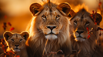 A pride of lions lounging in the savannah, with a majestic sunset in the background.