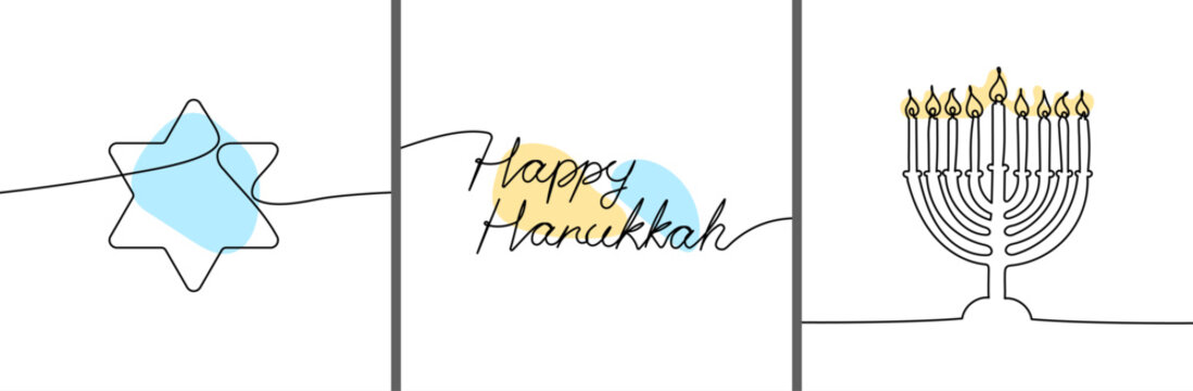 Happy Hanukkah one continuous line poster set. Jewish traditional symbols. Star of David and Menorah. Minimal Chanukah banners, cards. Vector illustration isolated on white background