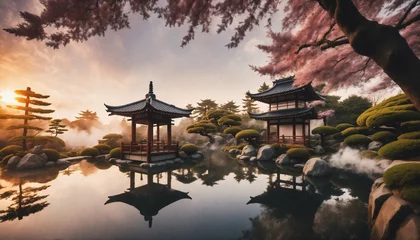 Fotobehang Grafika 8k. Magiczny ogród zawierający staw, świątynie i wspaniałą roślinność. Park w stylistyce azjatyckiej - szczególnie japońskiej. © Roman Trojanowski