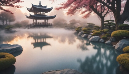 Grafika 8k. Magiczny ogród zawierający staw, świątynie i wspaniałą roślinność. Park w stylistyce azjatyckiej - szczególnie japońskiej. - obrazy, fototapety, plakaty
