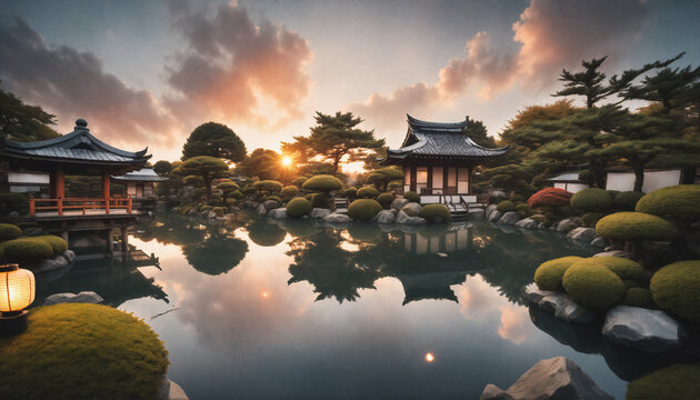 Grafika 8k. Magiczny ogr&oacute;d zawierający staw, świątynie i wspaniałą roślinność. Park w stylistyce azjatyckiej - szczeg&oacute;lnie japońskiej.