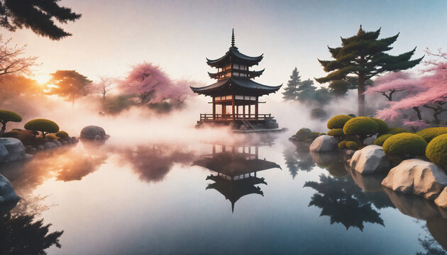 Grafika 8k. Magiczny ogr&oacute;d zawierający staw, świątynie i wspaniałą roślinność. Park w stylistyce azjatyckiej - szczeg&oacute;lnie japońskiej.