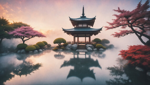 Grafika 8k. Magiczny ogr&oacute;d zawierający staw, świątynie i wspaniałą roślinność. Park w stylistyce azjatyckiej - szczeg&oacute;lnie japońskiej.