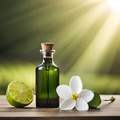 Close up view of a tree branch with Lime, several white flowers and a perfume glass bottle containing yellow liquid of Lime (Citrus aurantiifolia) extract.AI generated