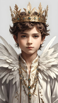portrait of a beautiful fairy teenage boy, isolated on white, dressed royally in a feathered suit and leaf-style crown with digital painting for creative projects