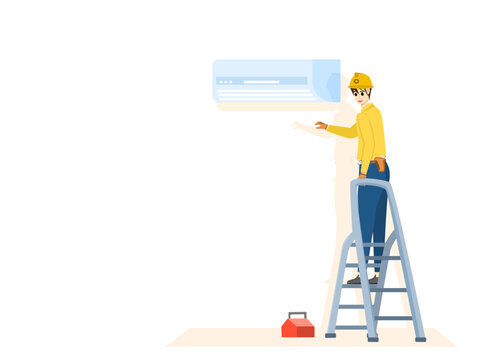 Electrician, male, checking the cooling temperature of the air conditioner. while standing on the stairs. Air conditioner technician and air in home systems, industrial. Vector illustration cartoon 