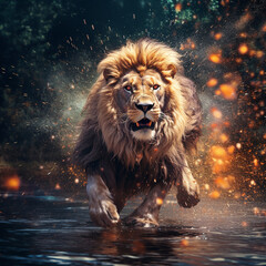 old menacing experienced lion running across the lake at night - 639623926