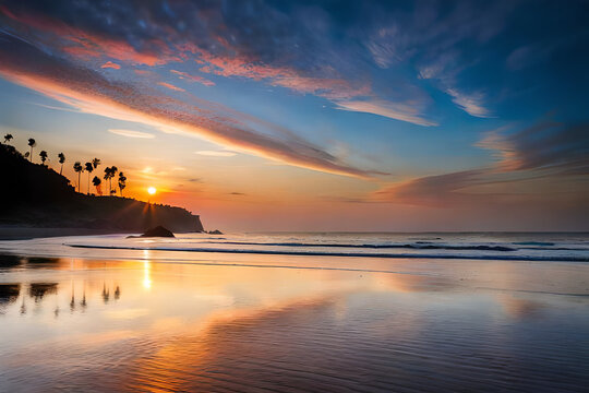 An image of a vibrant sunset over a serene beach, with colorful reflections shimmering on the sand