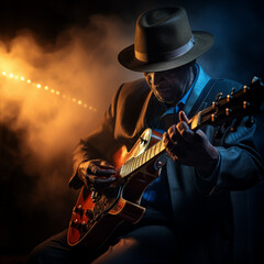 Obraz premium Bluesman play on guitar blues rock under stage light. Festival music concert with songs. Black skin guitarist in hat. Retro style.