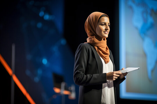 Arab Business Woman on stage at conference holding a presentation of a new product, Speaker having a lecture about digitization, engineering, sustainability, automation.