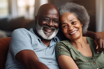 Happy family, Portrait black elderly senior couple smiling at home, man with his wife at home, enjoying together.