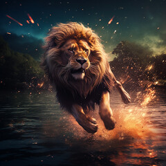 menacing lion running on the water - 639624308