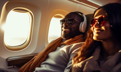 Papier Peint photo Ancien avion Happy smiling black couple is flying in an airplane in first class, travel relax and recharge