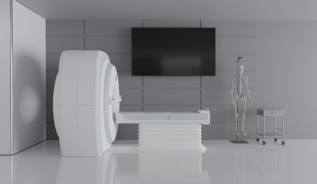 Mock up TV screen in MRI machine room, 3d illustration rendering