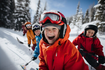 Kids have winter fun sport activities in snowy mountains - obrazy, fototapety, plakaty