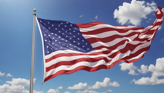 Majestic American flag waving proudly against a clear blue sky with a few white clouds