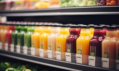Fresh organic drinks, juices in a supermarket, Variety Shopping  in a supermarket apples, oranges, bananas, grapes, pineapples lemons, healthy consumerism food concept.