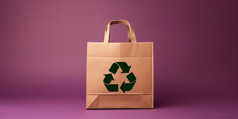 Recycled paper bag with recycling symbol isolated on pink background with copy space.