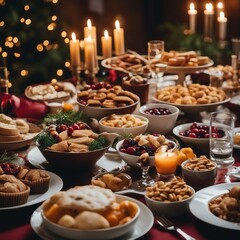 Fototapeta na wymiar A Festive Feast: Indulge in a Lavish Spread of Delectable Food and Bask in the Warm Glow of Candlelight