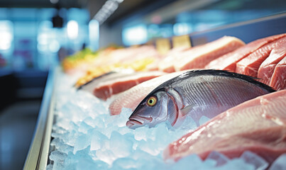 Fresh organic seafood, fish, tuna in the refrigerator on ice on the shelf in the supermarketa, Variety Shopping  in a supermarket, healthy consumerism food concept.