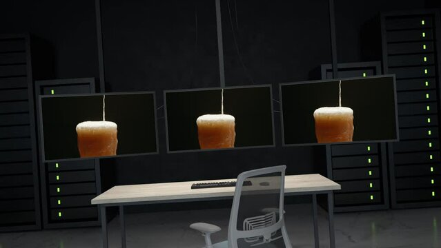 Three screens with beer in a dark office on a black background - Oktoberfest - Beer Day
