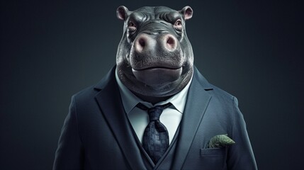 A hippopotamus wearing a suit and tie.Generative AI