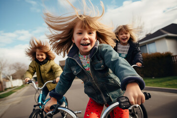 Fototapeta na wymiar Cheerful childrens-cyclist riding bicycle outdoor during daylight
