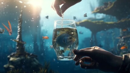 A kind diver in the ocean giving a glass of water to.Generative AI