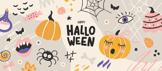 Happy halloween banner with funny hand drawn details pumpkin, spider, cobweb, potion, bat and more.Vector illustration