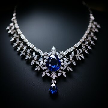 diamonds with the dark blue sapphire necklace on a black background. Generative AI