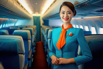 Portrait of a Chinese flight attendant in the cabin. 