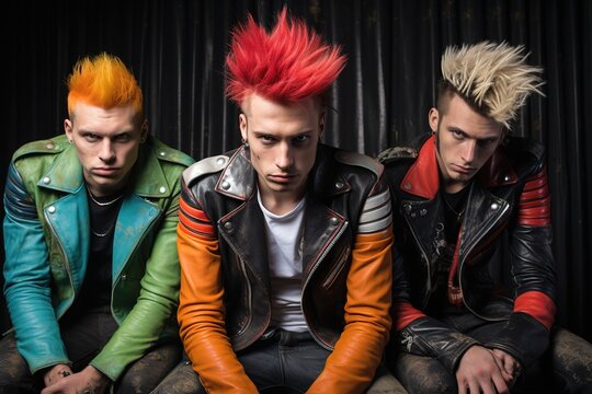 Retro Punker aus den 80er Jahren. Bunte Haare und coole Typen einer Punkband. 
